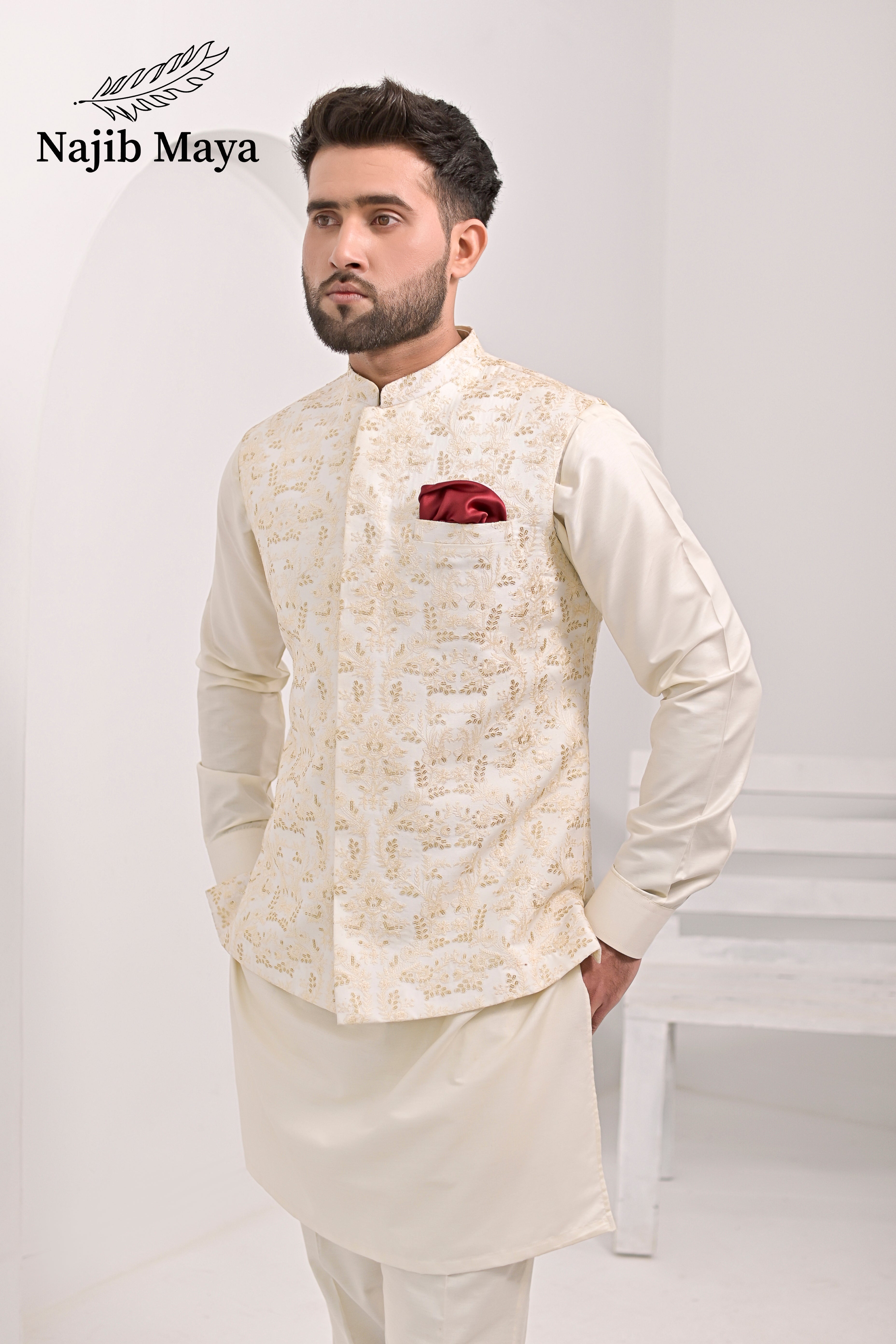 Cream Embroidery Waist Coat & Cream Kurta Pajama For Men's