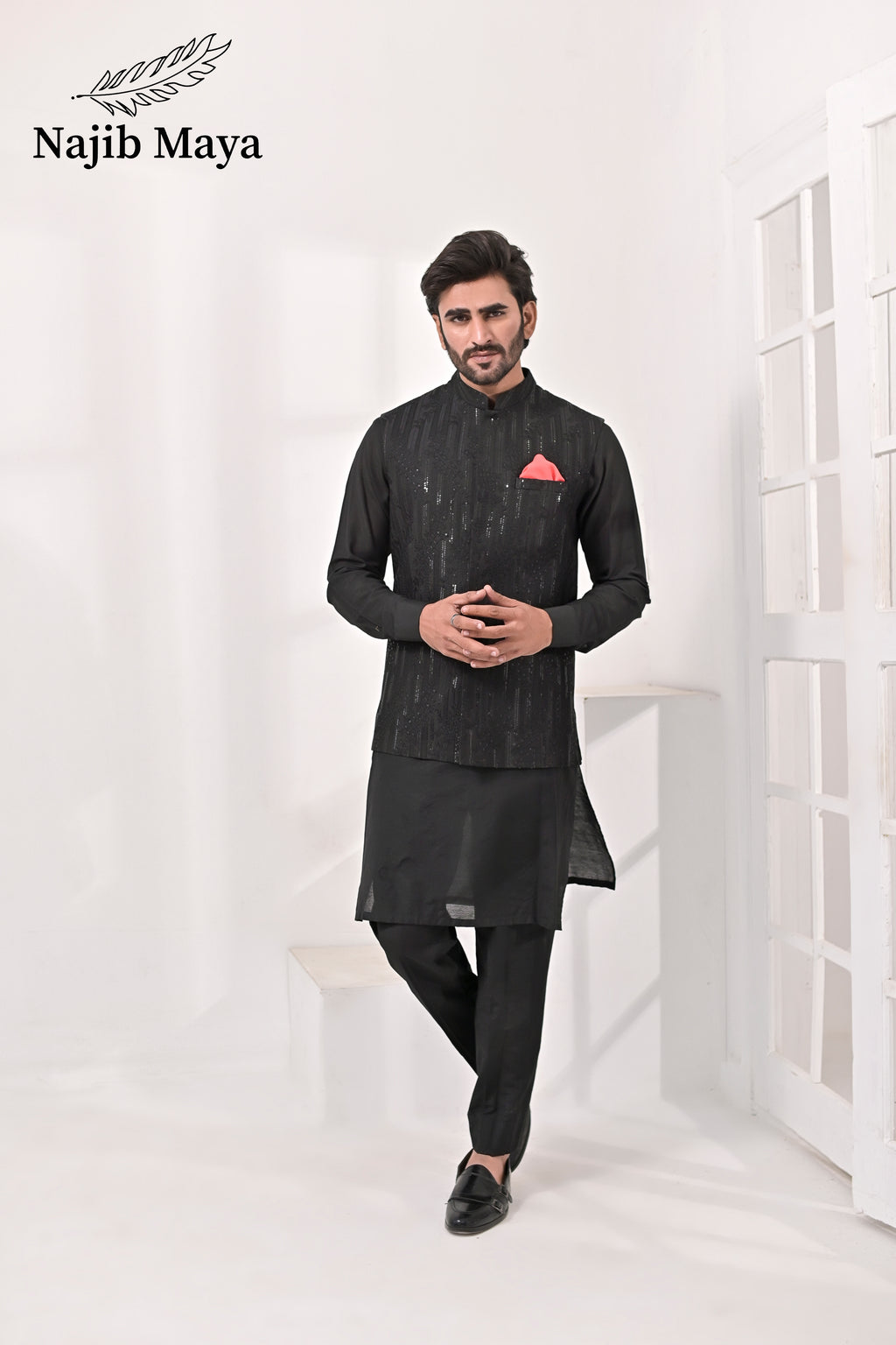 Black Embroidery Waist Coat & Black Kurta Pajama For Men's