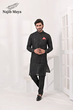 Black Embroidery Waist Coat & Black Kurta Pajama For Men's