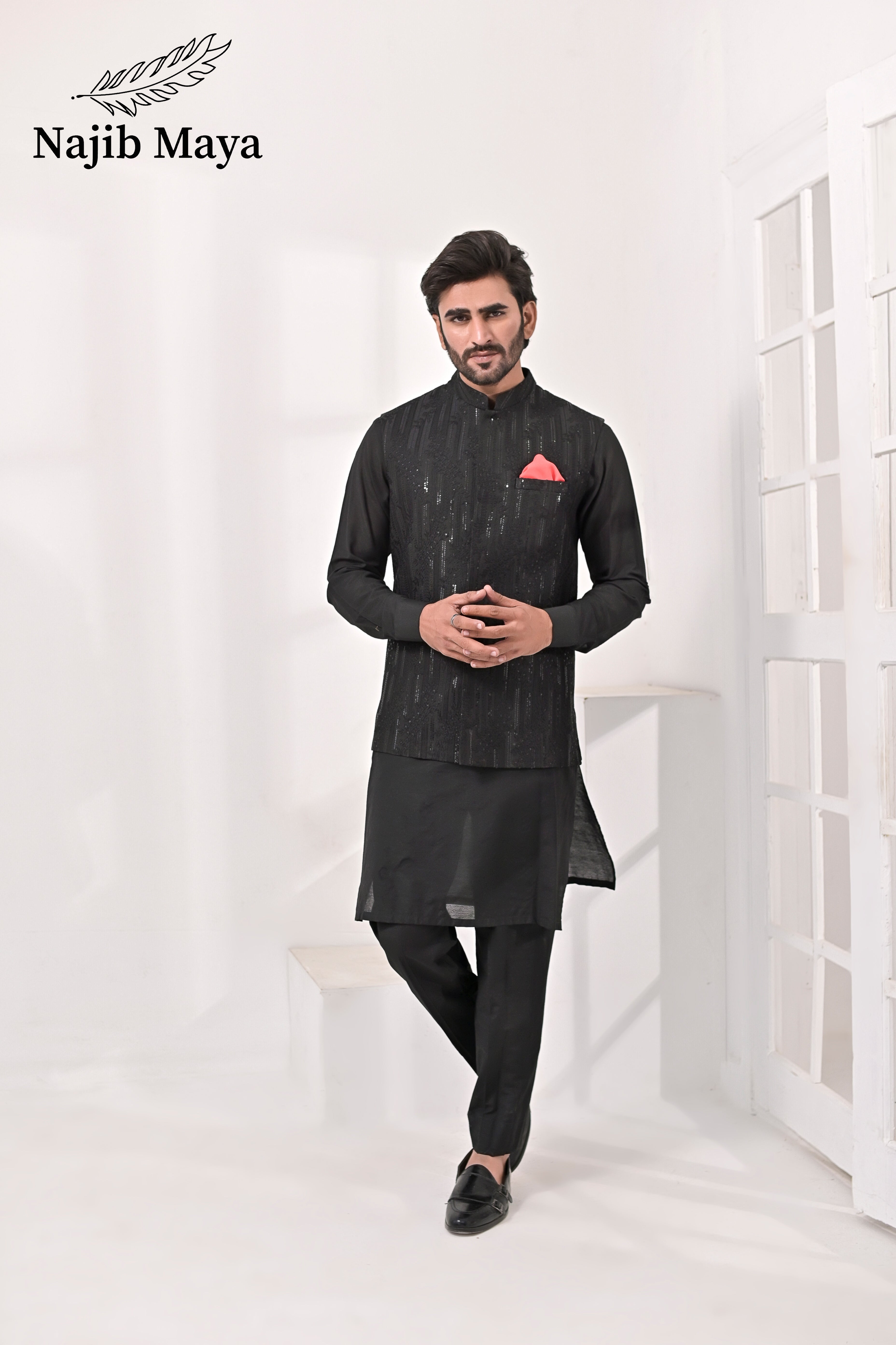 Black Embroidery Waist Coat & Black Kurta Pajama For Men's