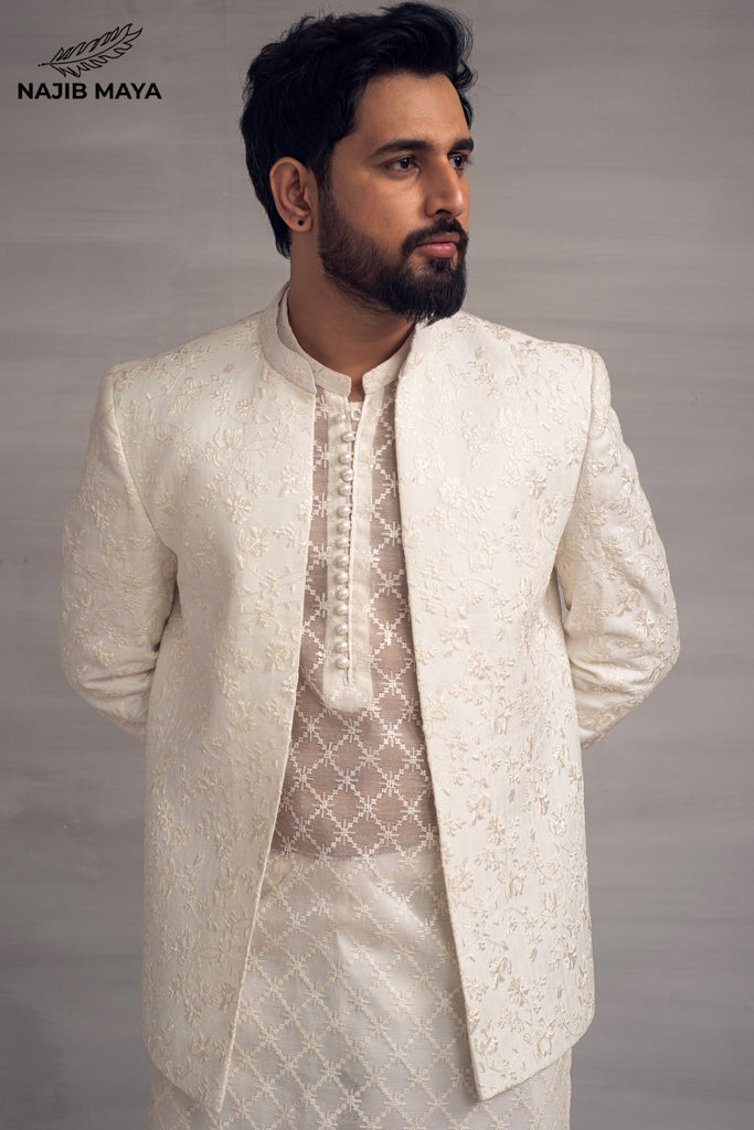 White Embroidery Prince Coat + White Sequence Kurta Pajama For Men's