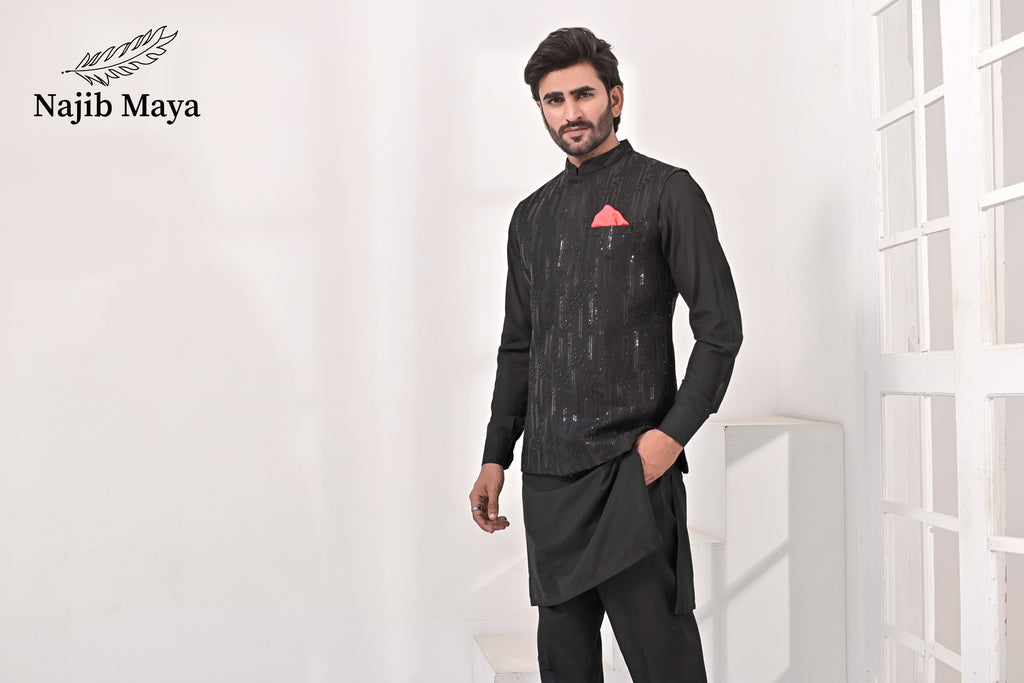 Black Embroidery Waist Coat & Black Kurta Pajama For Men's