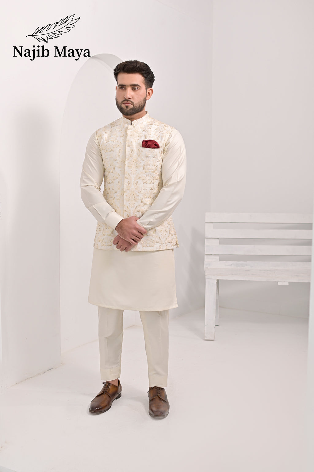 Cream Embroidery Waist Coat & Cream Kurta Pajama For Men's
