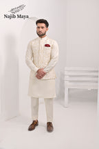 Cream Embroidery Waist Coat & Cream Kurta Pajama For Men's