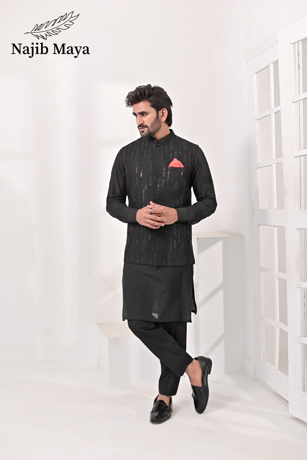 Black Embroidery Waist Coat & Black Kurta Pajama For Men's