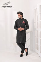 Black Embroidery Waist Coat & Black Kurta Pajama For Men's