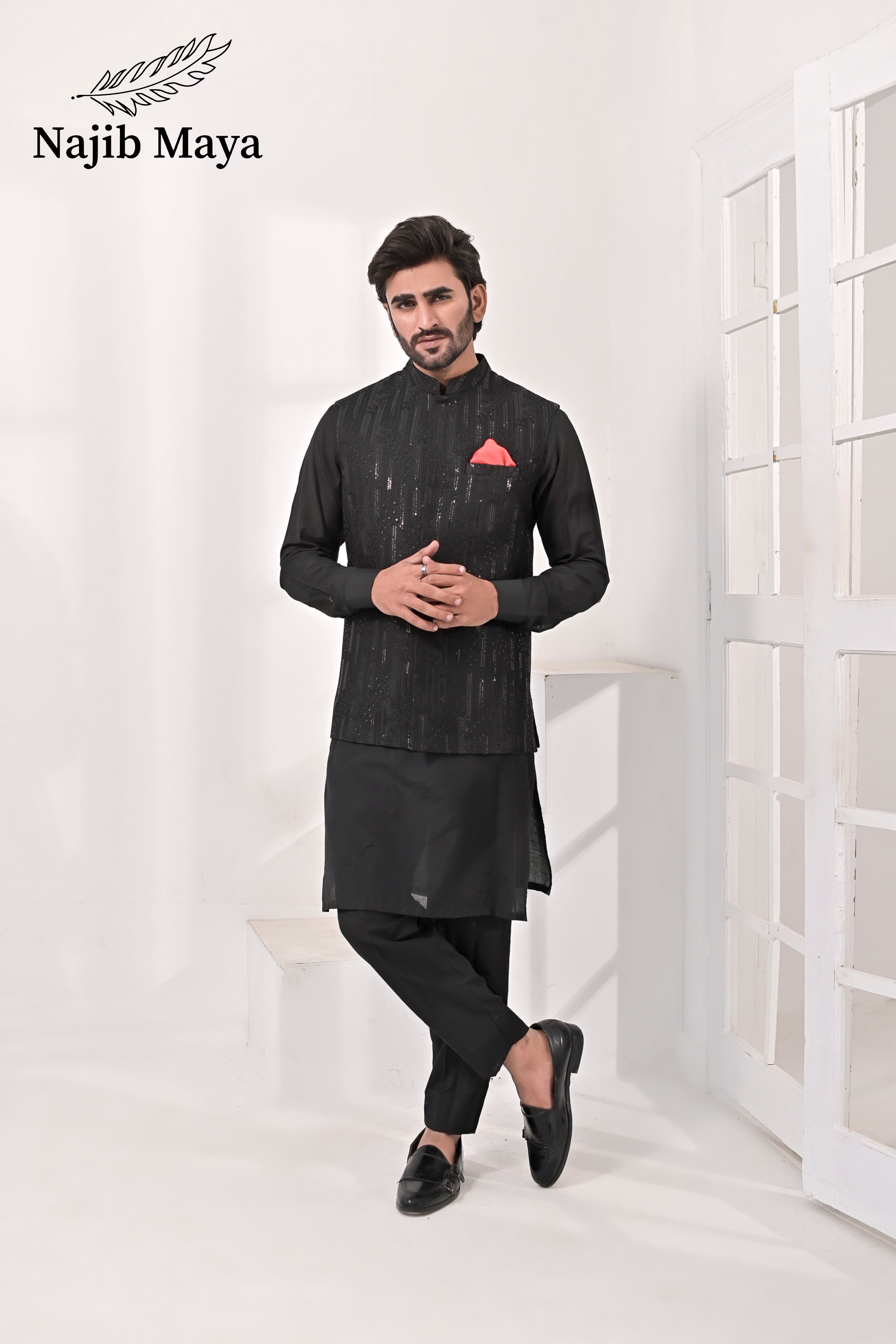 Black Embroidery Waist Coat & Black Kurta Pajama For Men's Main image