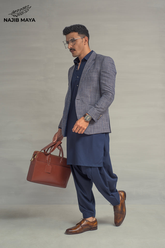 Blue Texture Casual Coat + Navy Blue Shalwar Kameez For Men's