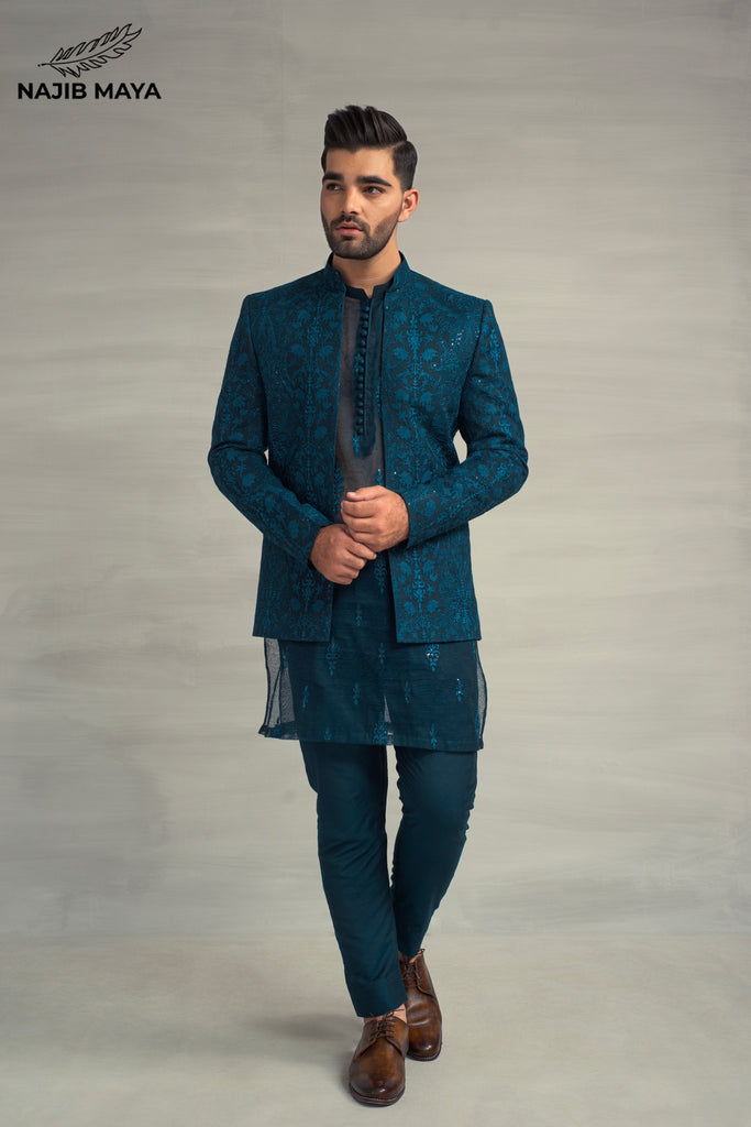 Till Blue Embroidery Prince Coat + Till Blue Embroidery Kurta Pajama For Men's