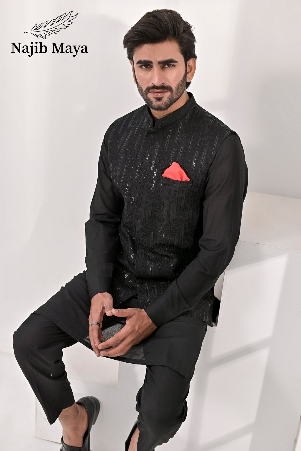 Black Embroidery Waist Coat & Black Kurta Pajama For Men's