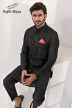 Black Embroidery Waist Coat & Black Kurta Pajama For Men's