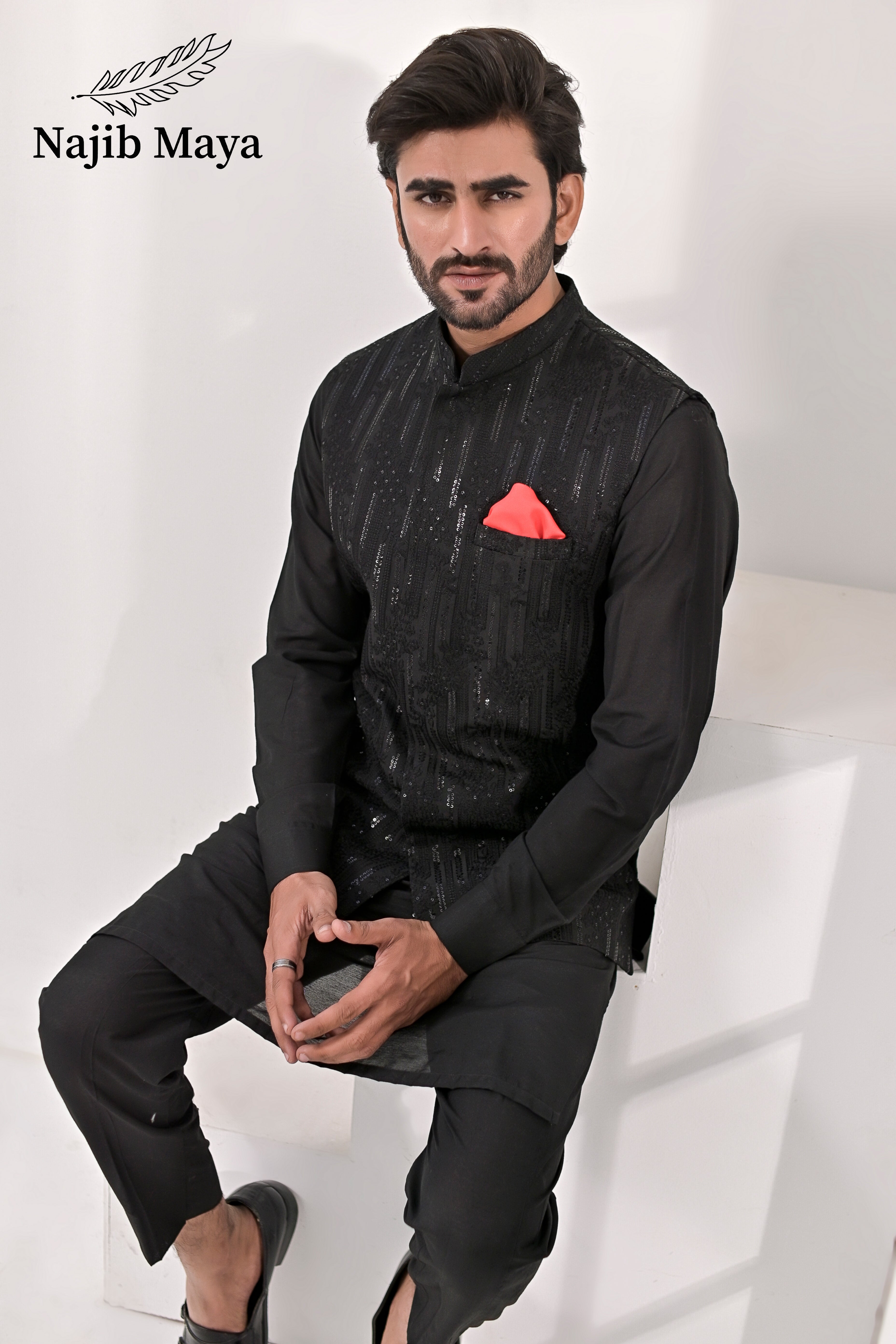 Black Embroidery Waist Coat & Black Kurta Pajama For Men's