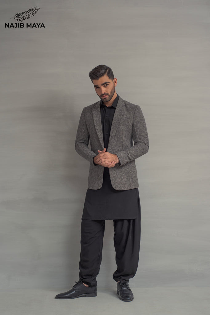 Grey Khaddar Casual Coat + Black Shalwar Kameez For Men's