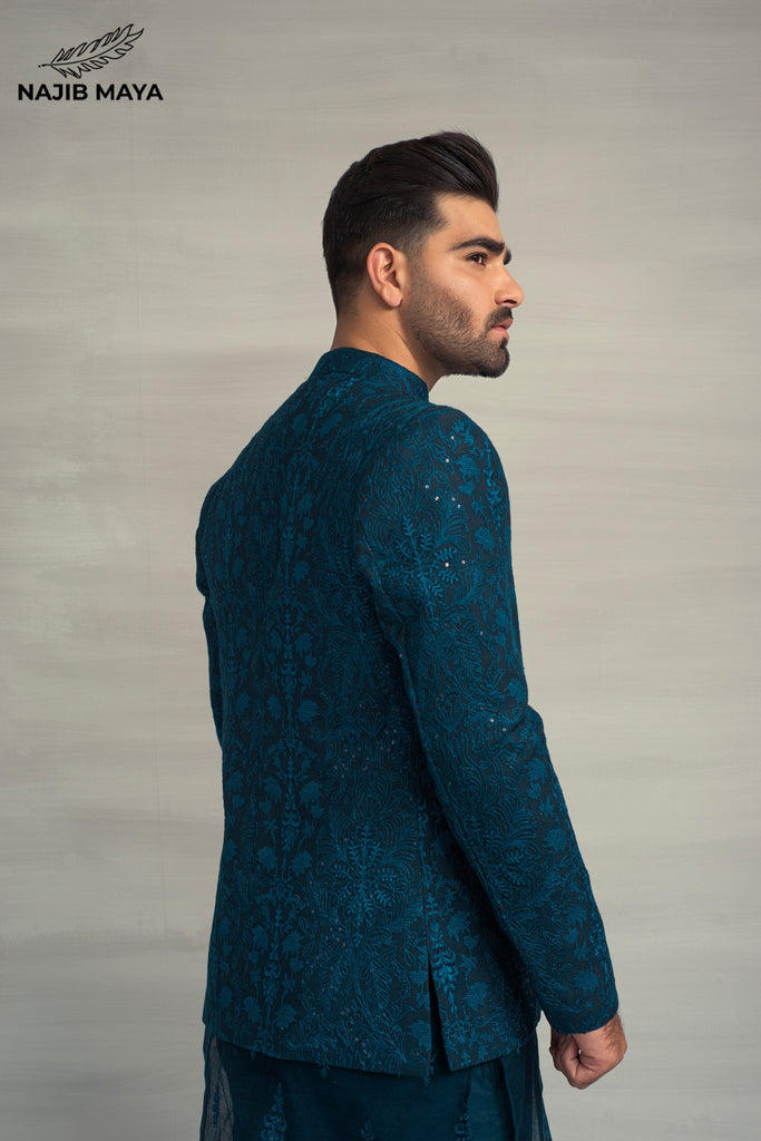 Till Blue Embroidery Prince Coat + Till Blue Embroidery Kurta Pajama For Men's