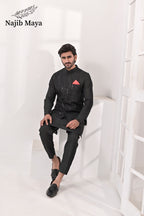 Black Embroidery Waist Coat & Black Kurta Pajama For Men's