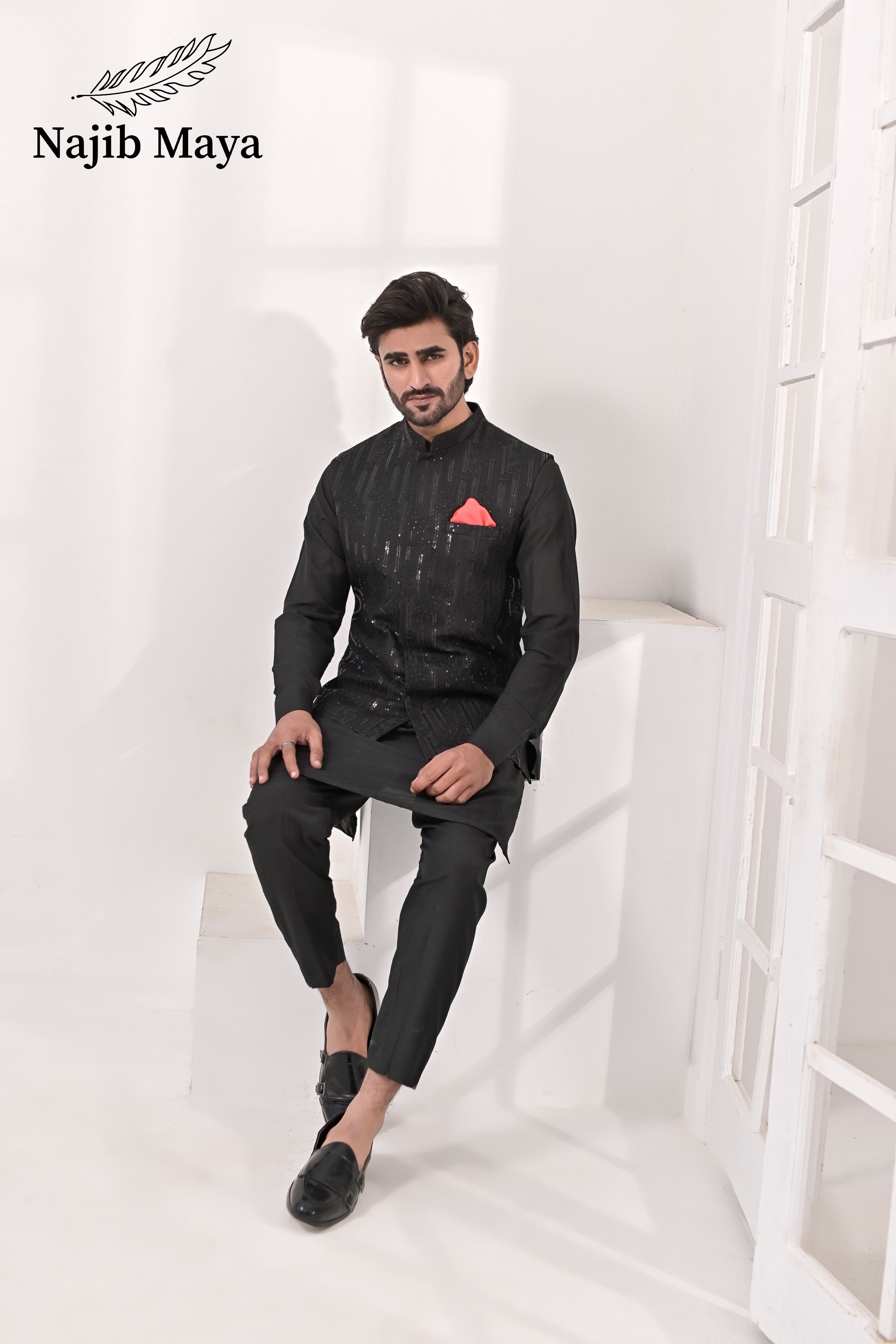 Black Embroidery Waist Coat & Black Kurta Pajama For Men's