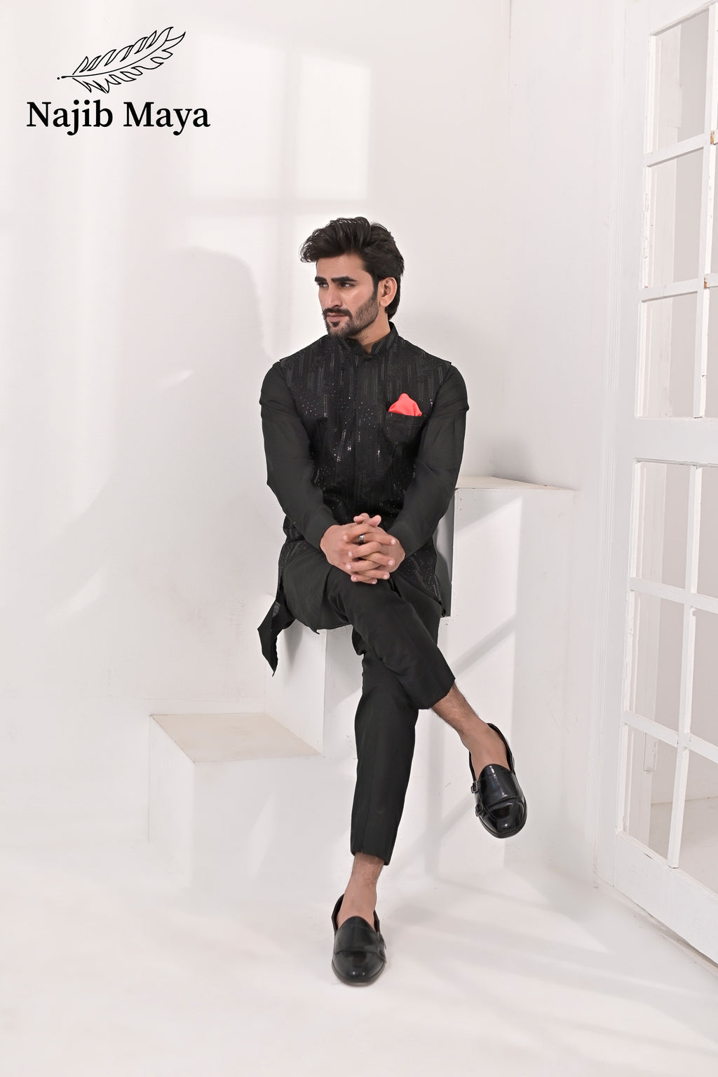 Black Embroidery Waist Coat & Black Kurta Pajama For Men's