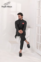 Black Embroidery Waist Coat & Black Kurta Pajama For Men's