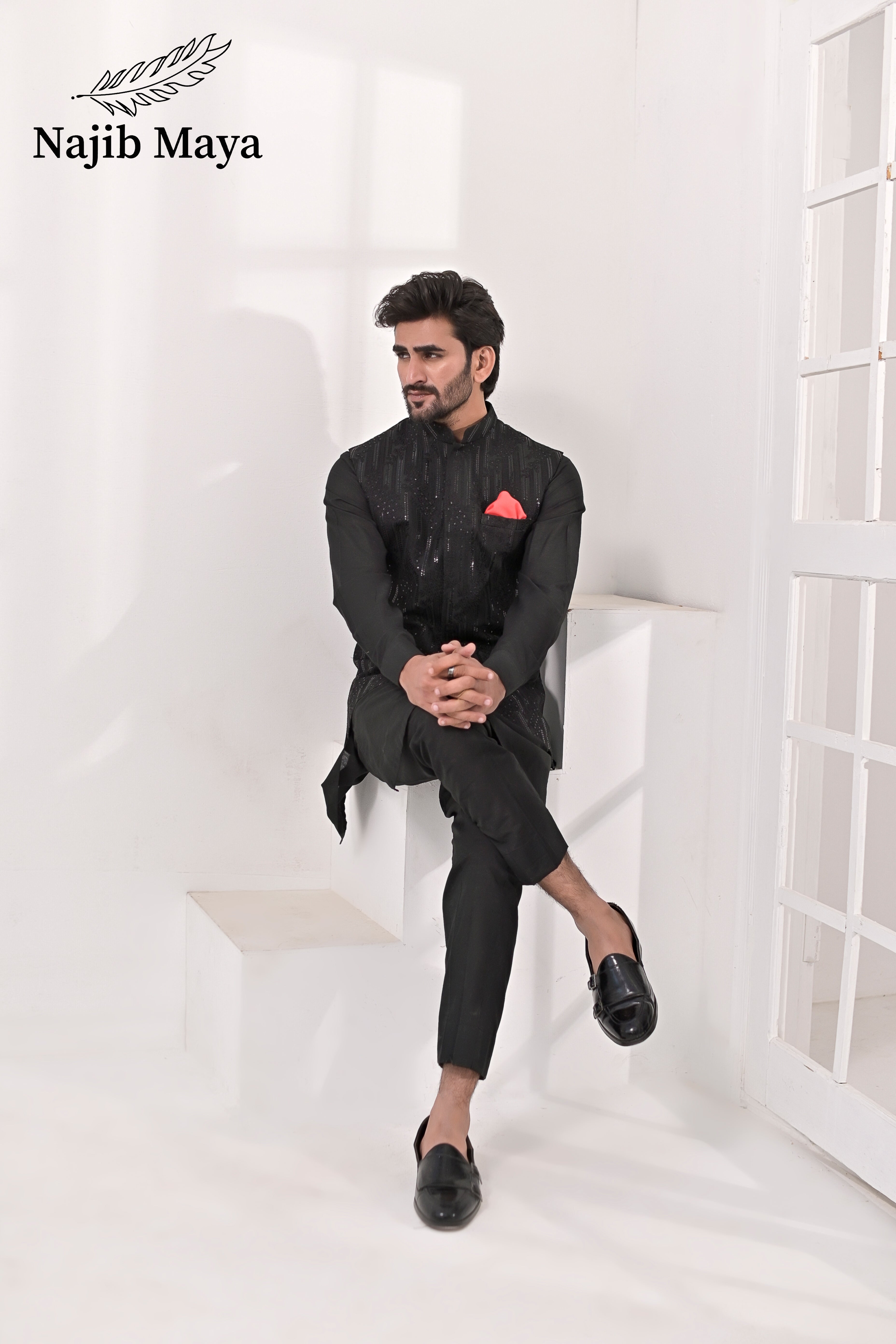 Black Embroidery Waist Coat & Black Kurta Pajama For Men's
