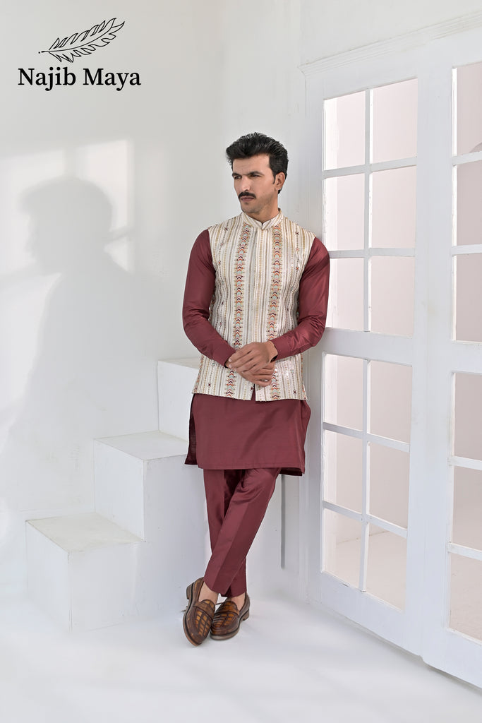 Cream Multi Embroidery Waist Coat & Maroon Kurta Pajama For Men's