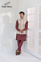 Load image into Gallery viewer, Cream Multi Embroidery Waist Coat &amp; Maroon Kurta Pajama For Men&#39;s