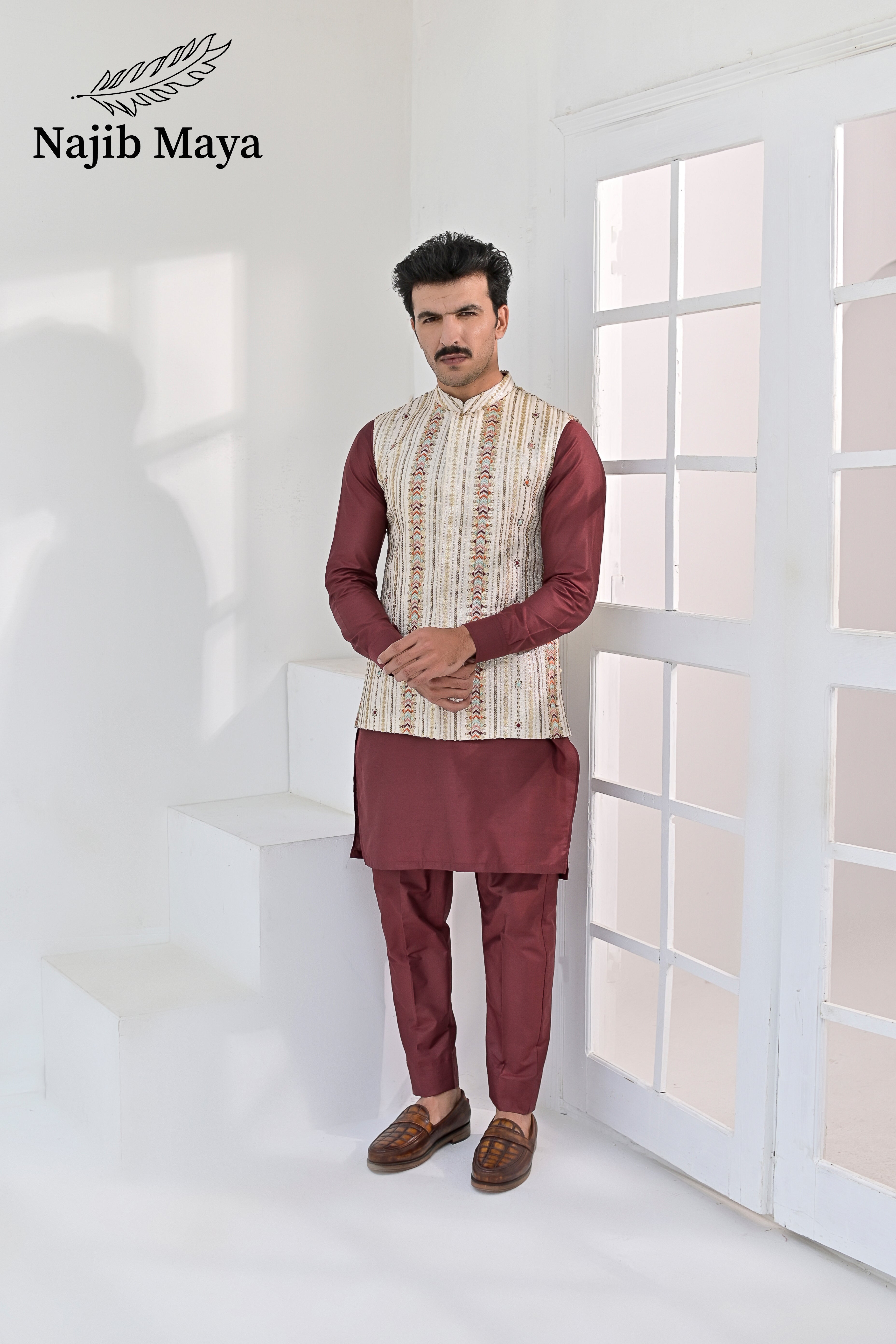 Cream Multi Embroidery Waist Coat & Maroon Kurta Pajama For Men's Main image