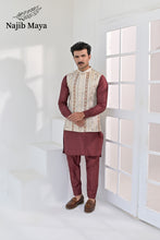 Load image into Gallery viewer, Cream Multi Embroidery Waist Coat &amp; Maroon Kurta Pajama For Men&#39;s