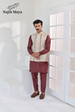 Cream Multi Embroidery Waist Coat & Maroon Kurta Pajama For Men's