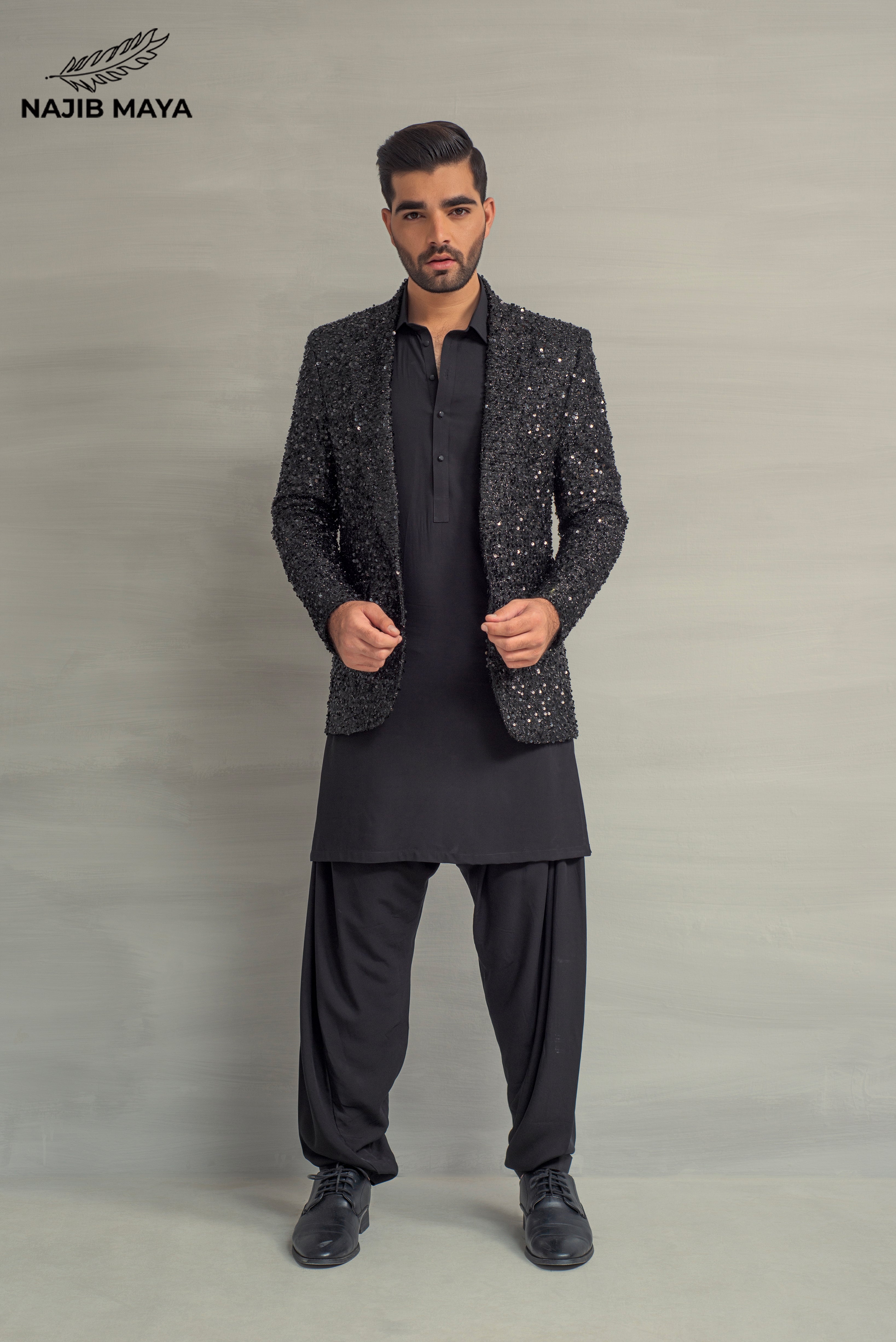 Black Sequence Casual Coat + Black Shalwar Kameez For Men's Main image