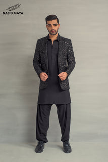 Black Sequence Casual Coat + Black Shalwar Kameez For Men's
