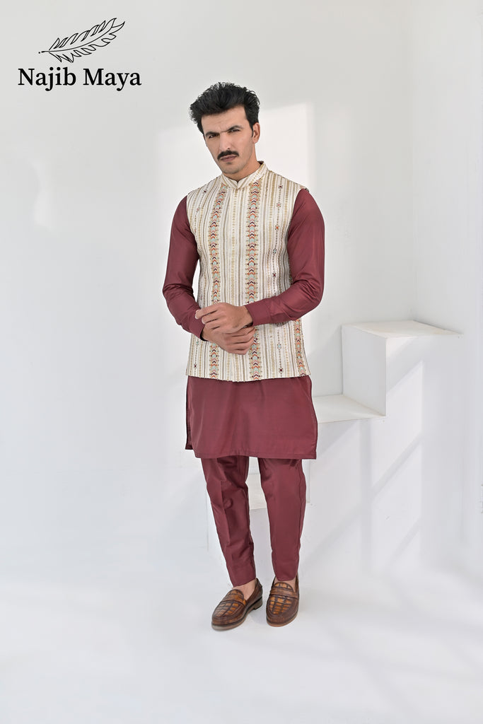 Cream Multi Embroidery Waist Coat & Maroon Kurta Pajama For Men's