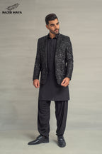 Black Sequence Casual Coat + Black Shalwar Kameez For Men's