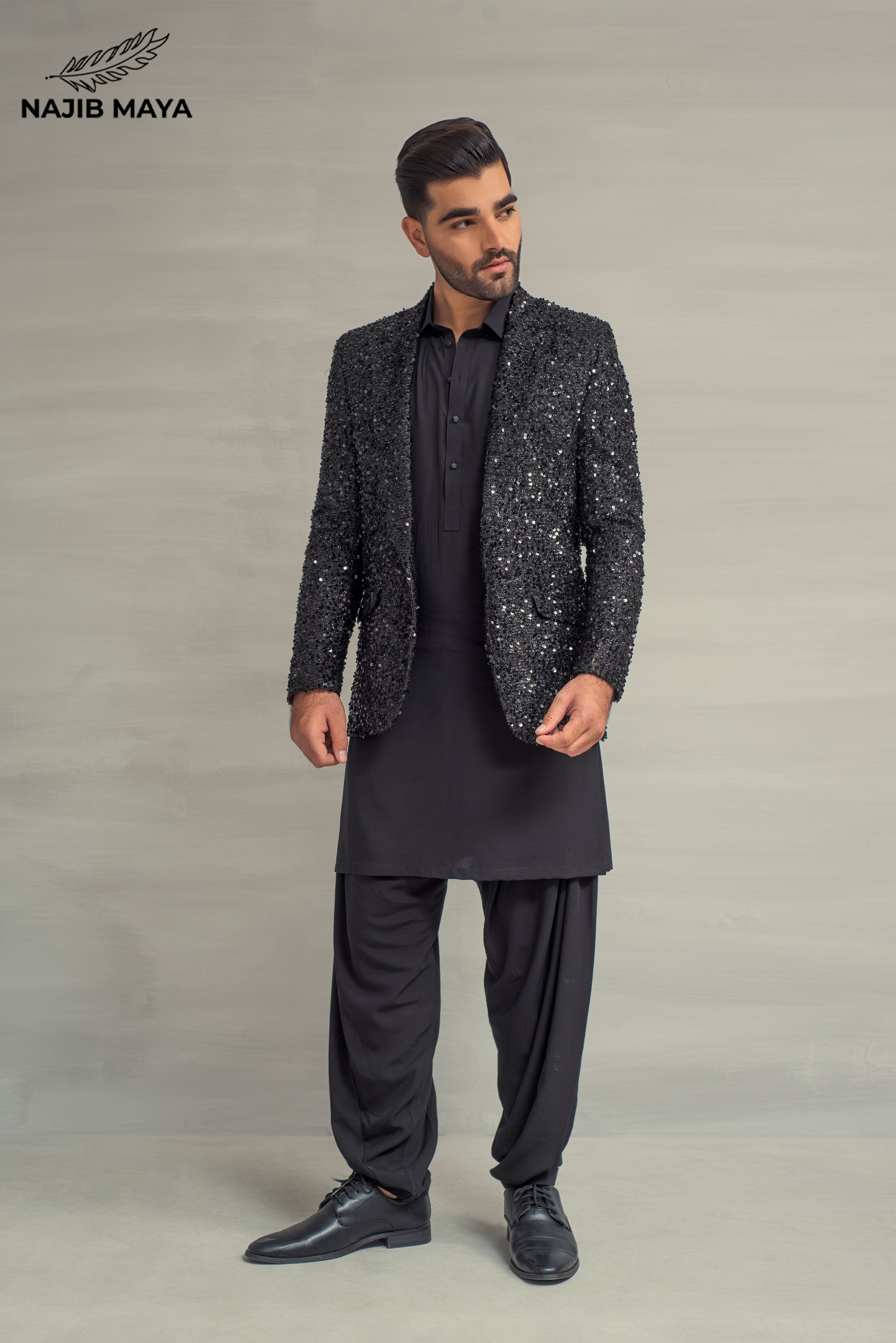 Black Sequence Casual Coat + Black Shalwar Kameez For Men's