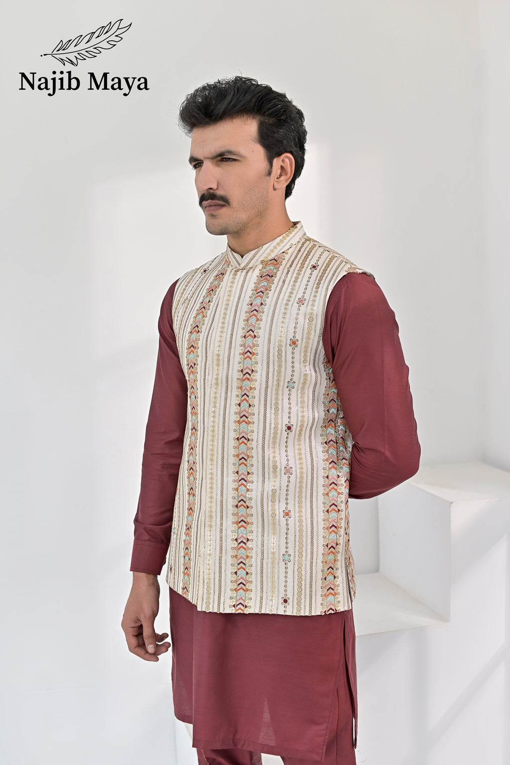 Cream Multi Embroidery Waist Coat & Maroon Kurta Pajama For Men's