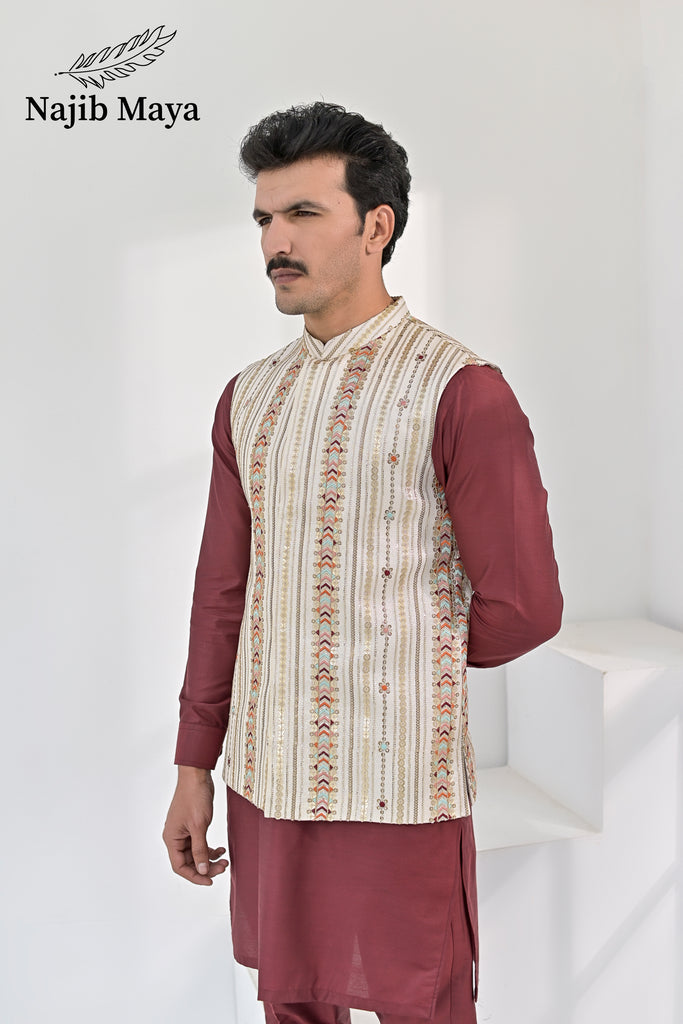 Cream Multi Embroidery Waist Coat & Maroon Kurta Pajama For Men's