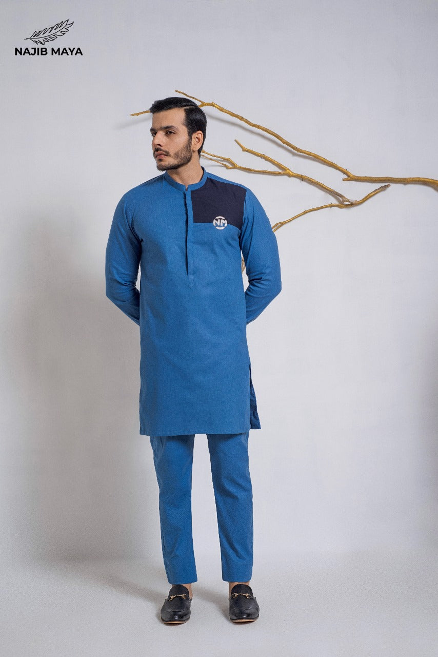 Blue Embroidered Logo Kurta Pajama For Men's Main image