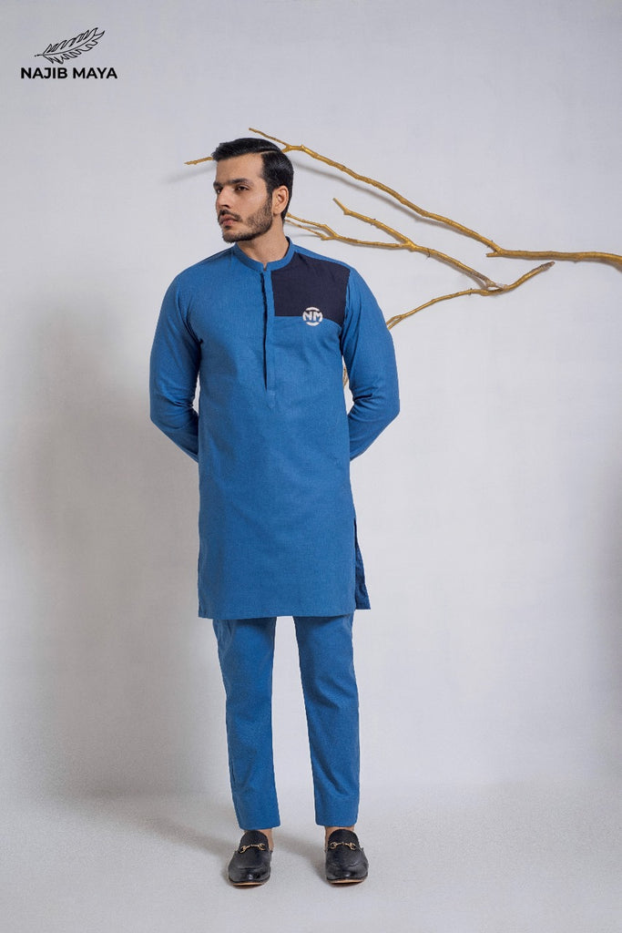 Blue Embroidered Logo Kurta Pajama For Men's