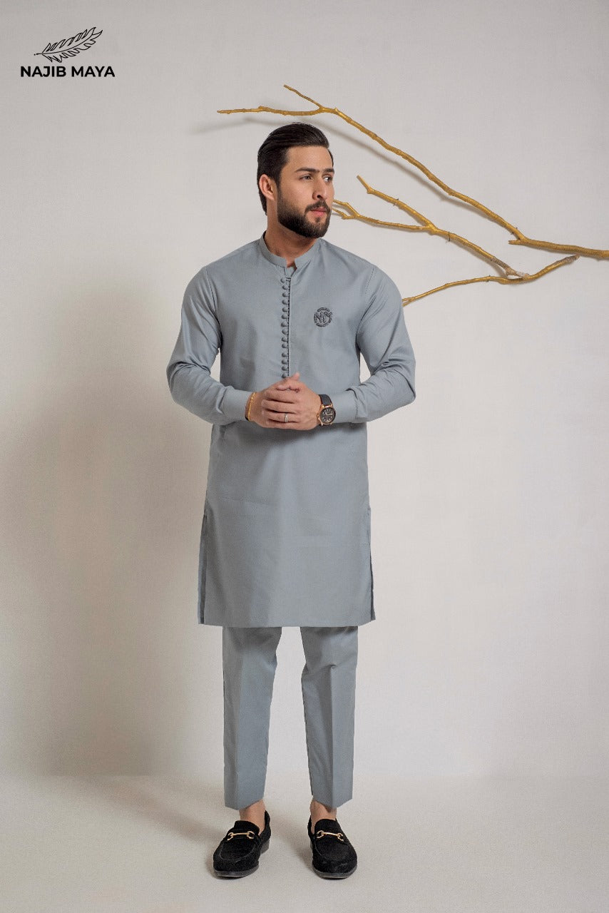 Grey Embroidered Logo Kurta Pajama For Men's Main image