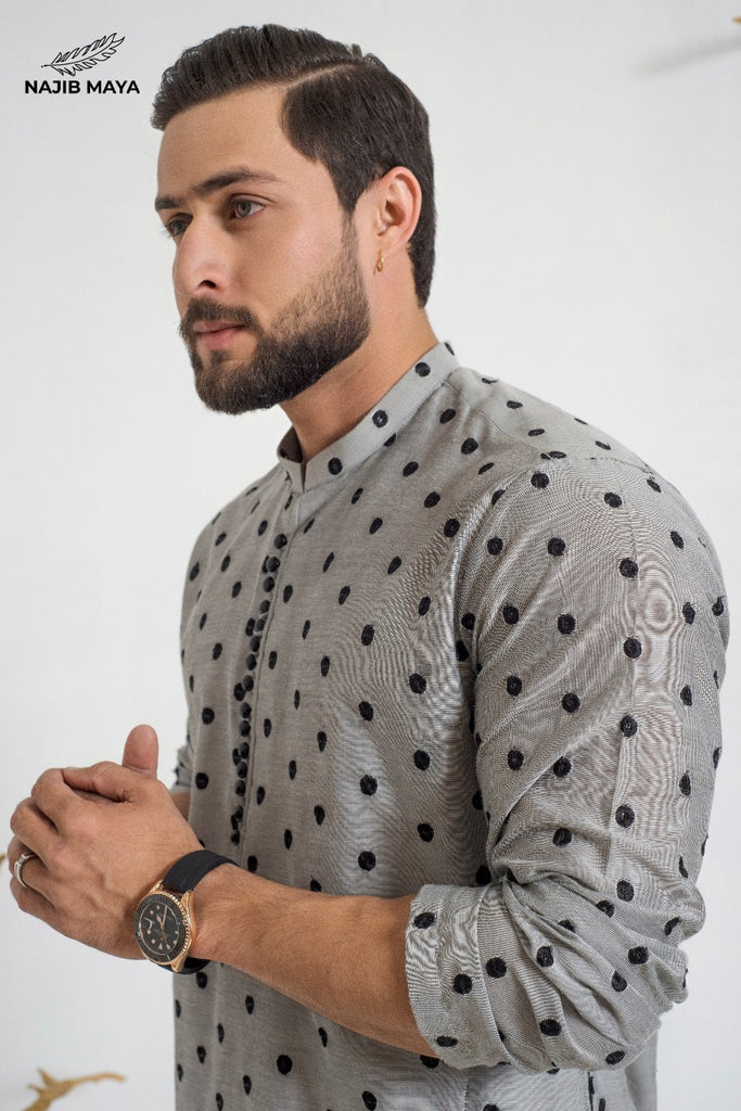 Grey Black Dots Embroidery  Kurta Pajama For Men's