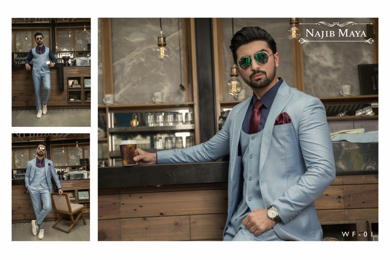 Ice Blue 3 Piece Suit For Men's