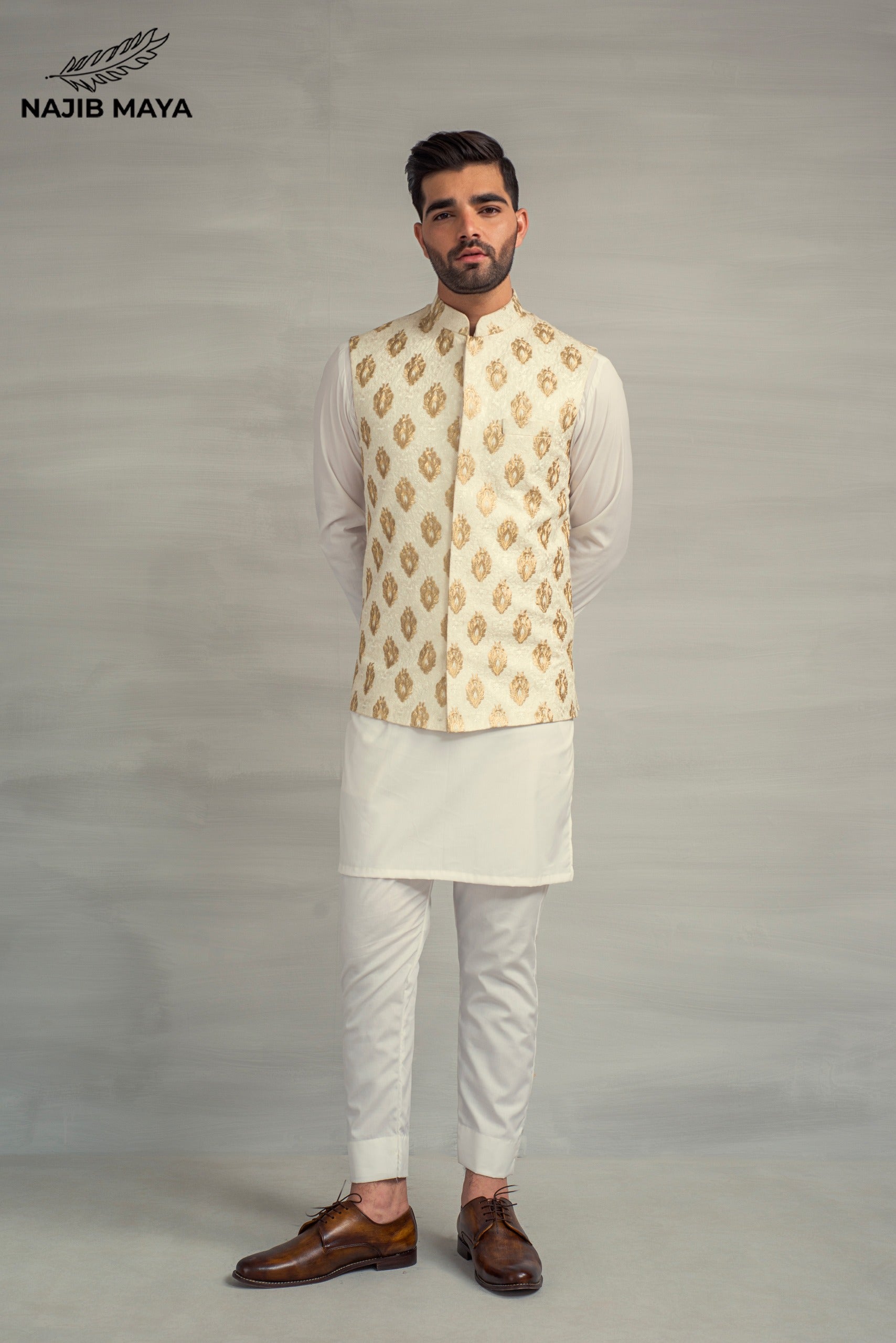 White Golden Embroidery Waistcoat + White Kurta Pajama For Men's Main image
