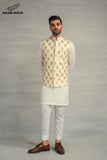 White Golden Embroidery Waistcoat + White Kurta Pajama For Men's