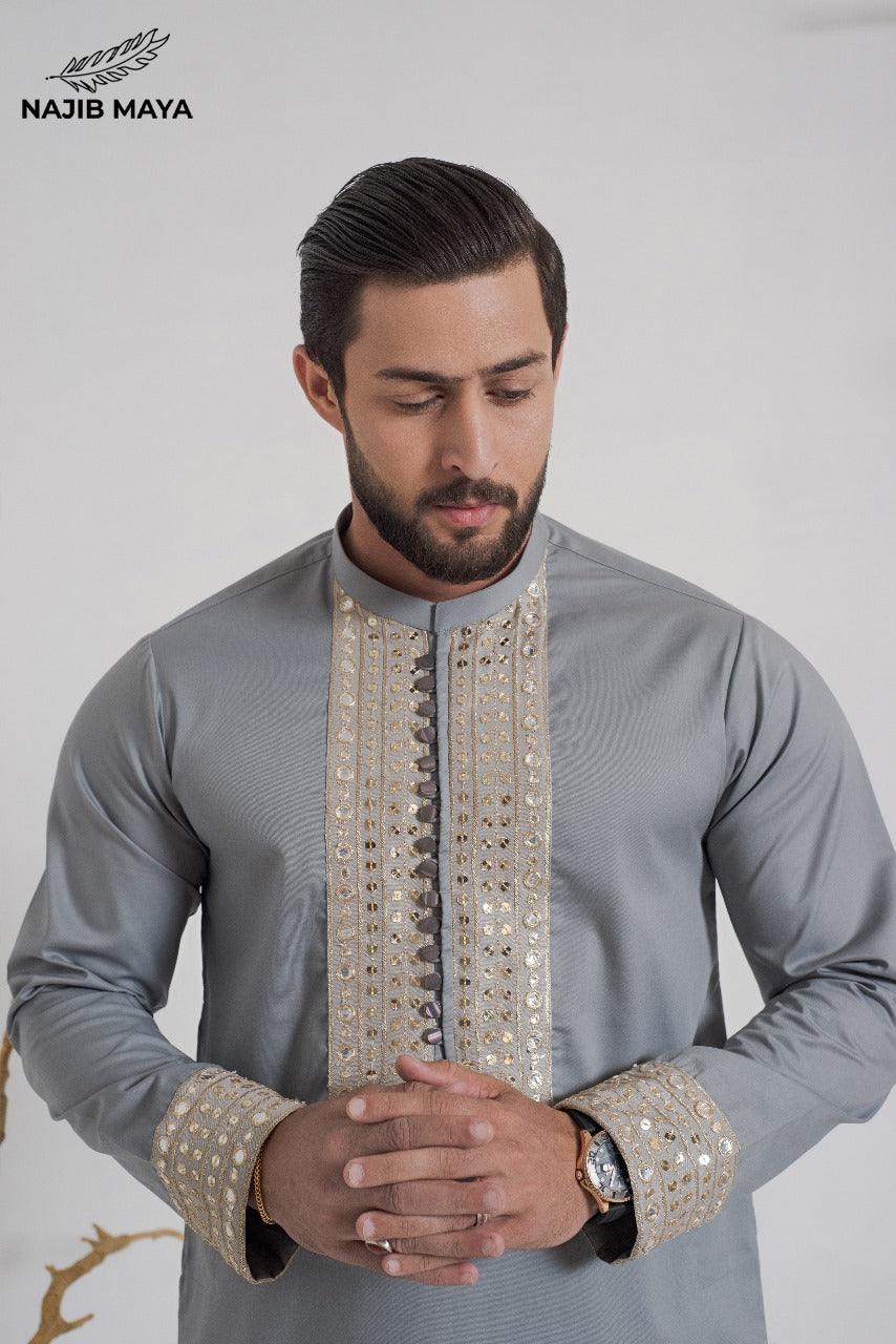 Grey Stylish Kurta Pajama + Shawl For Men's Secondary image