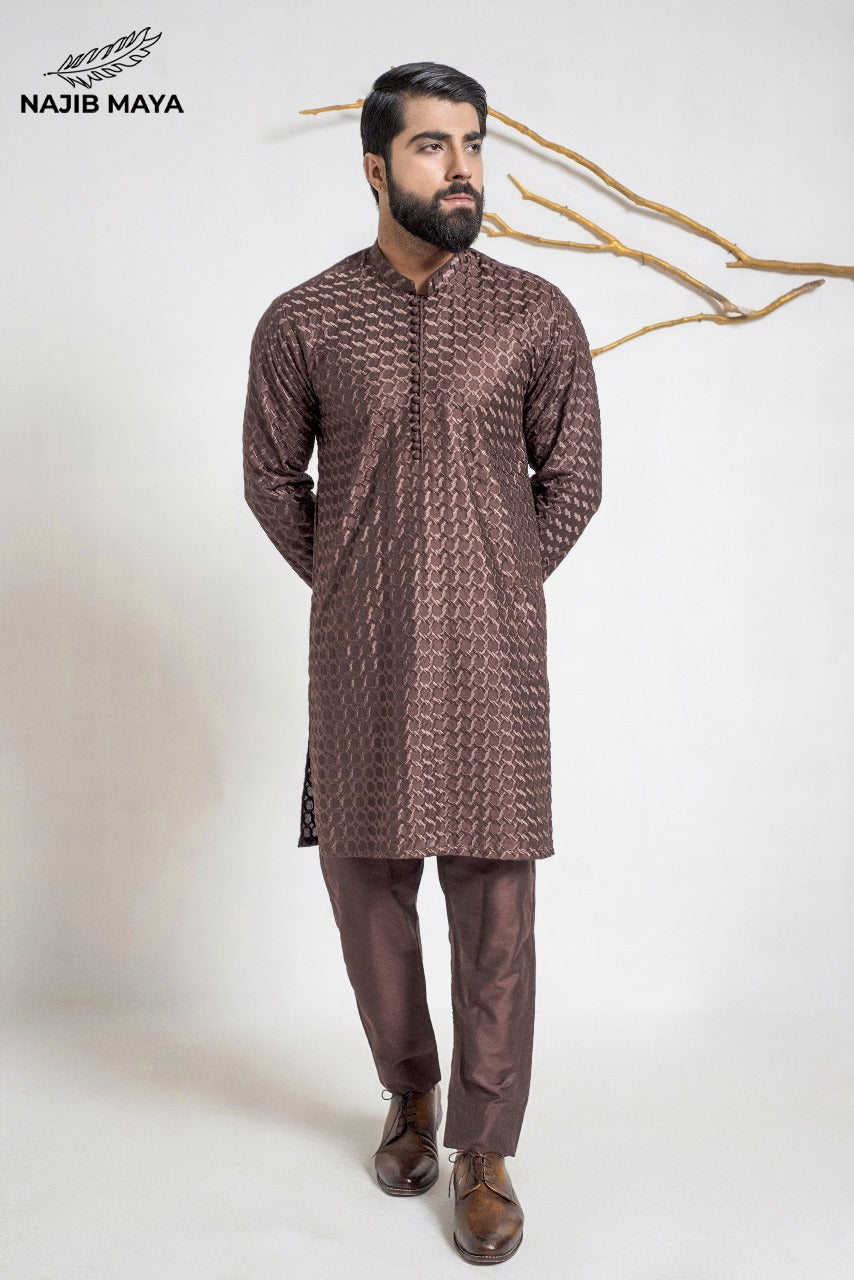 Brown Stylish Embroidery Kurta Pajama For Men's Main image