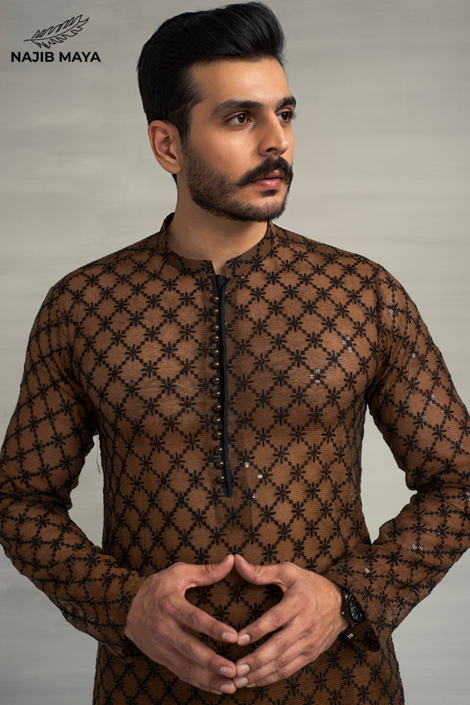 Brown Black Embroiderey Sequence Kurta Pajama For Men's