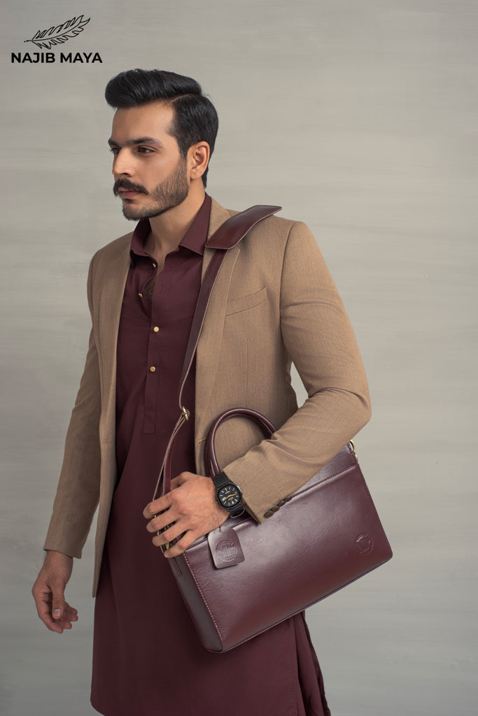 Brown Elegant Casual Coat + Maroon Shalwar Kameez For Men's