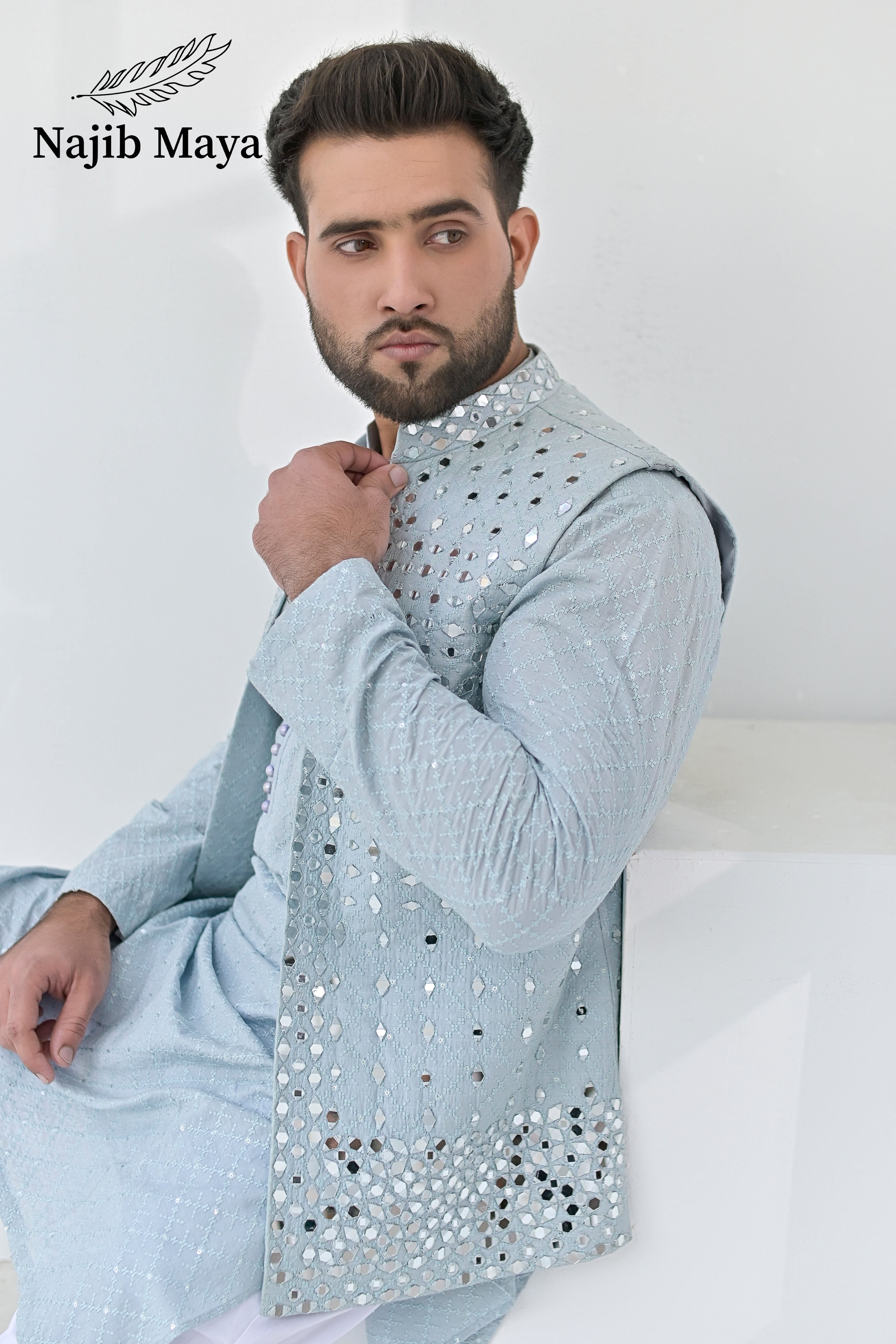 Powder Blue Embroidery + Mirror Work Waist Coat & Powder Blue Embroidery Kurta Pajama For Men's Secondary image