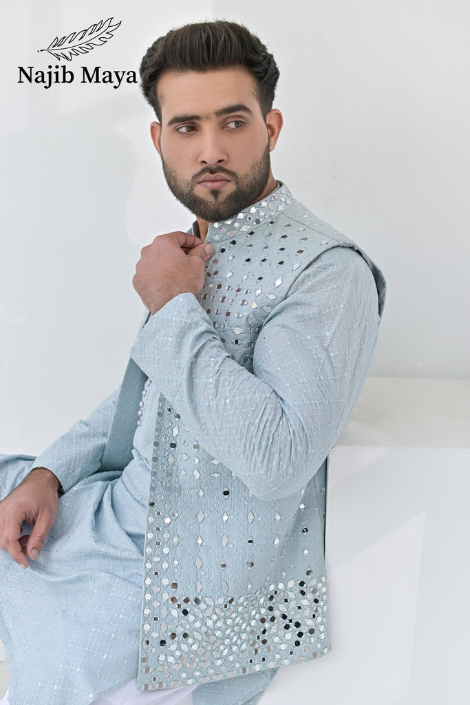 Powder Blue Embroidery + Mirror Work Waist Coat & Powder Blue Embroidery Kurta Pajama For Men's