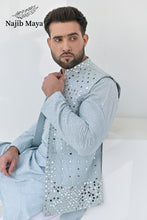 Load image into Gallery viewer, Powder Blue Embroidery + Mirror Work Waist Coat &amp; Powder Blue Embroidery Kurta Pajama For Men&#39;s