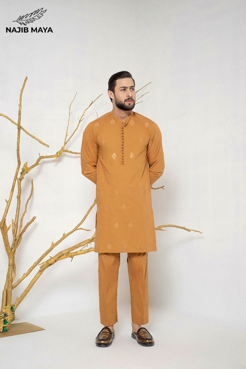 Rust Stylish Embroidered Kurta Pajama For Men's Main image